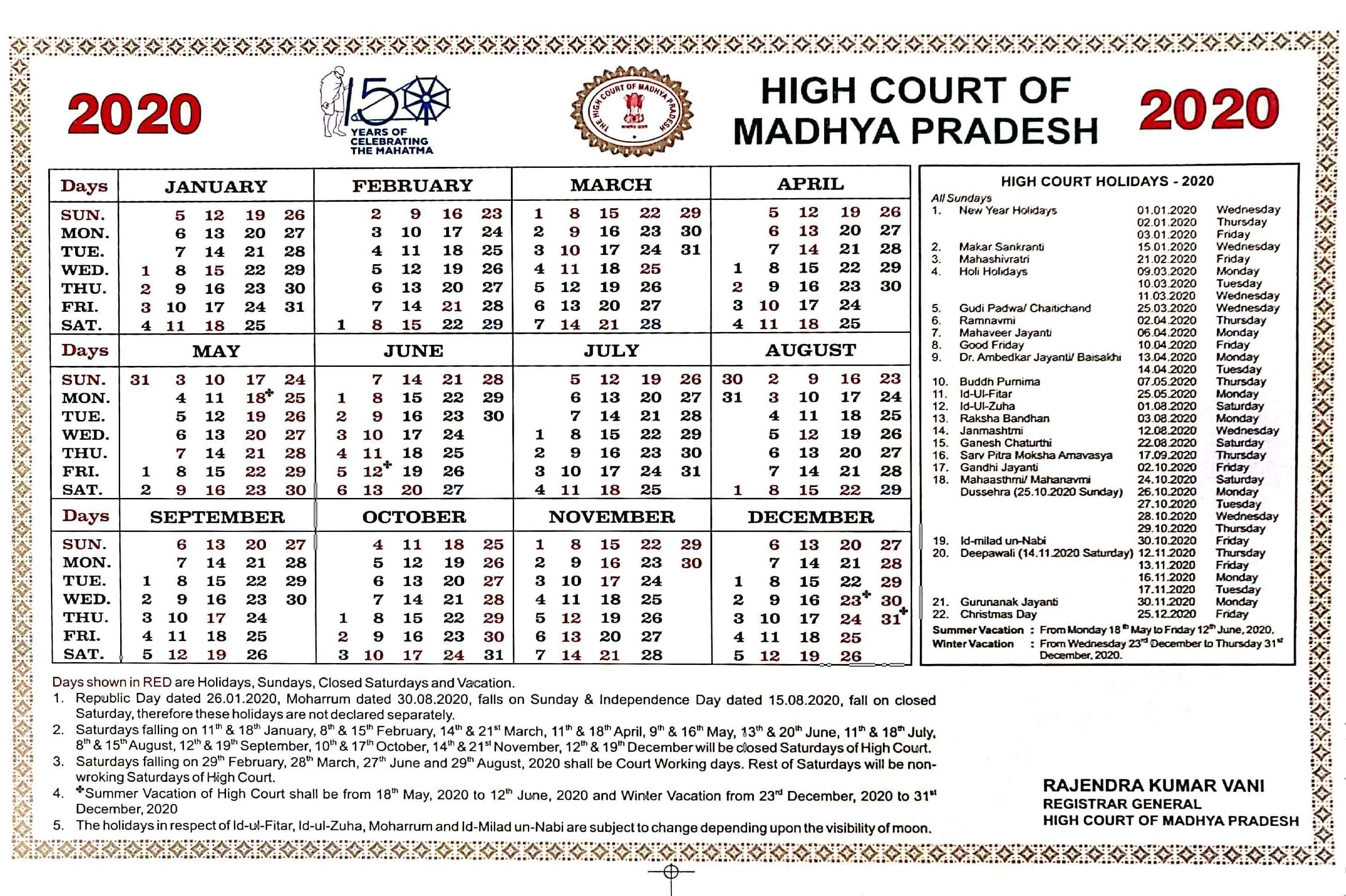 Calendar District Courts of Madhya Pradesh